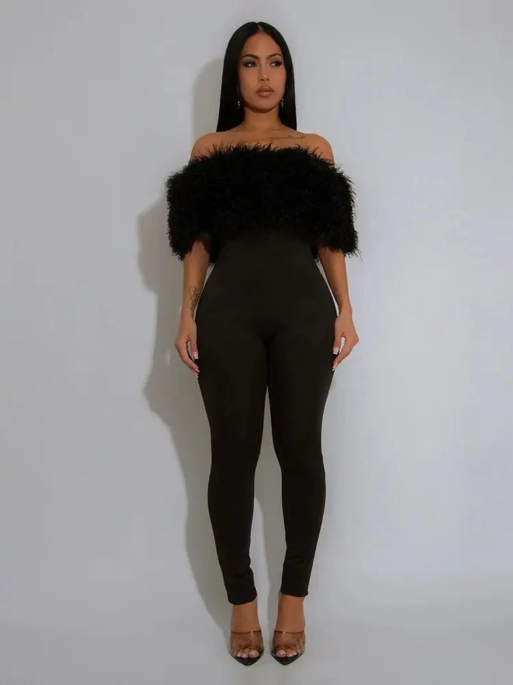 Furry Slash Neck Jumpsuit Women Skinny Fitness Fall Trend Hipster Fitness Elegant Stretch Streetwear Workout Overalls