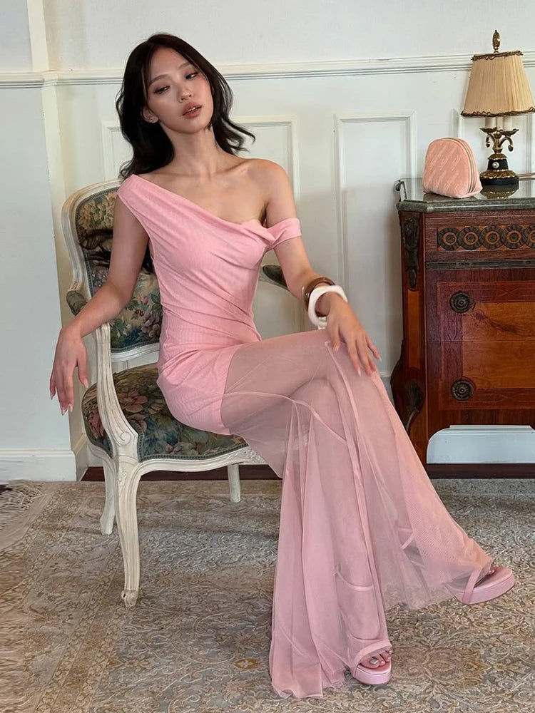 Slanted Collar Maxi Dress Women Sexy Patchwork Hem Fishtail Skinny Elegant Summer Vacation Birthday Party Vestidos