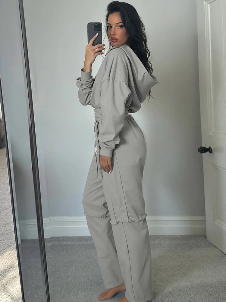 Sporty Tracksuit Women 2 Piece Set Panelled Stripes Simple Hooded Zip Jacket+Wide Pants Matching Casual Street Outfit