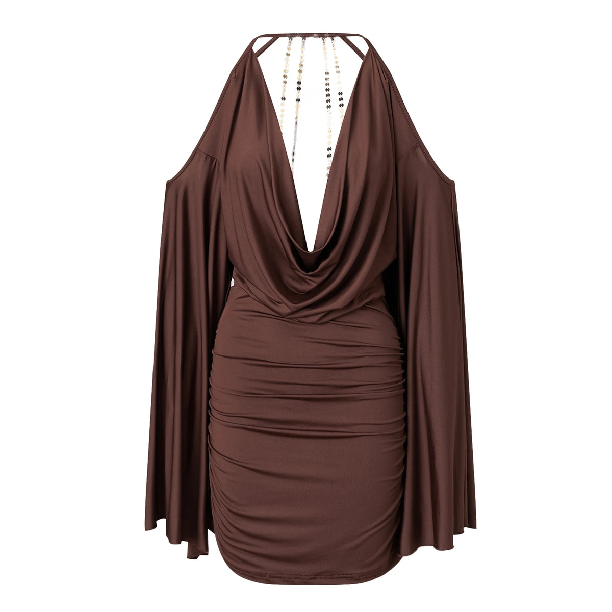 Women Bodycon Mini Dress Cold Shoulder Flare Long Sleeve Halter Backless Dress Sequin Butterfly Chain Back PartyClubwear