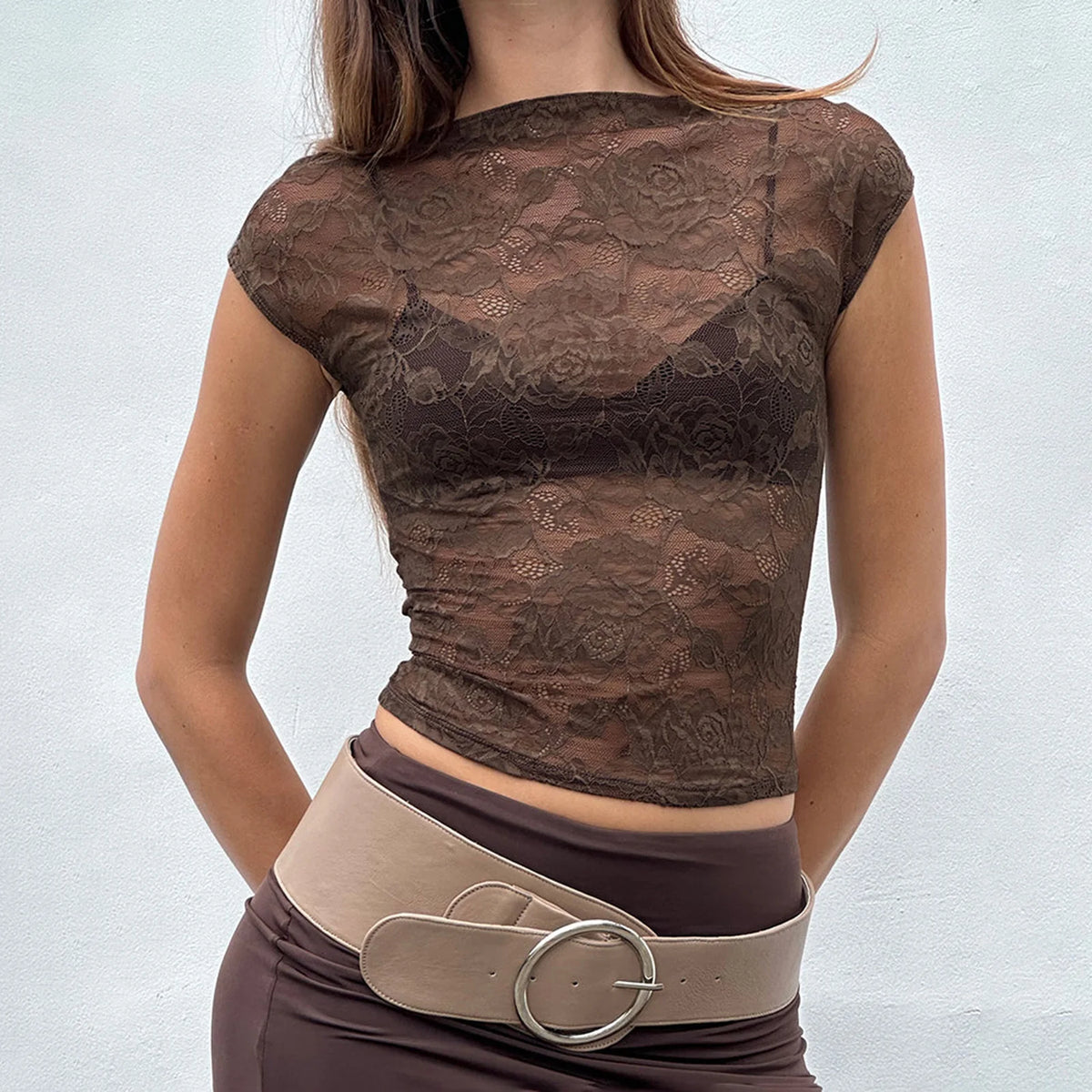Women Y2K Vintage Floral Lace Crop Top Goth Grunge Cap Sleeve Scoop Neck See-Through Sheer Mesh Baby Tees