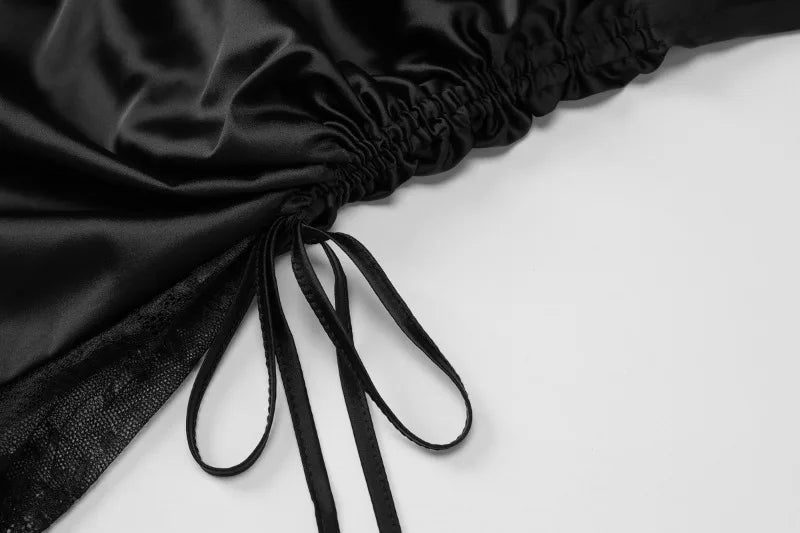 Drawstring Ruched Deep V Neck Backless Mini Dress Satin Black Sexy Summer Dresses for Woman Club Outfits 2025