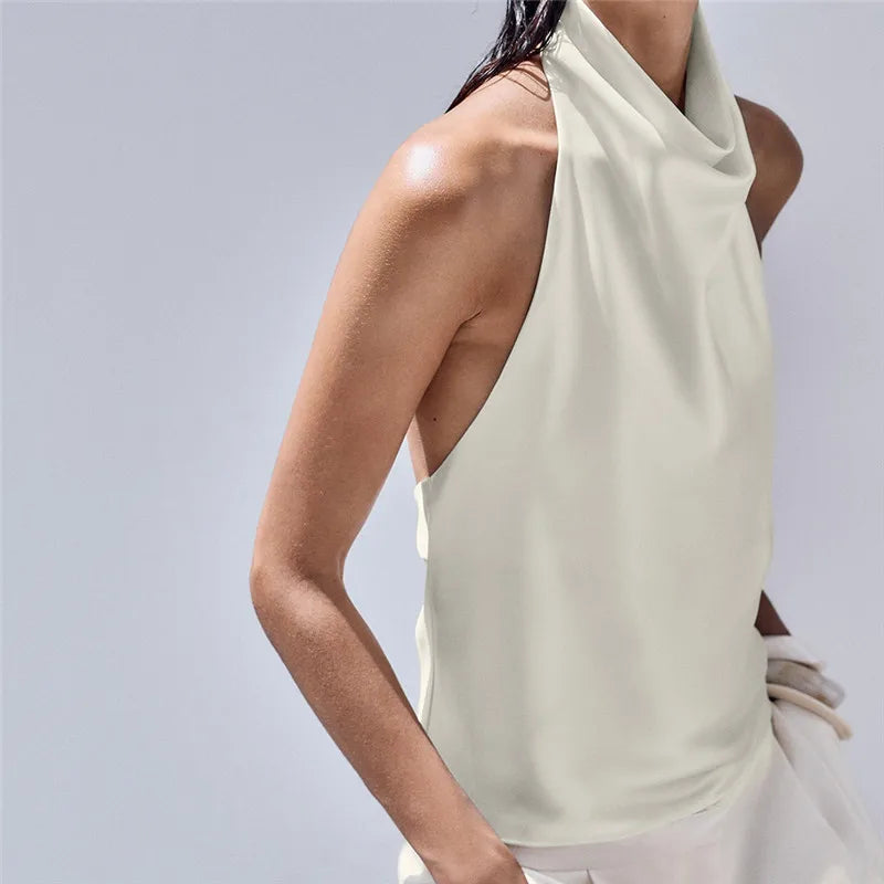 Crop Top Women Halter Neck Satin Tank Top Backless Casual Office Ladies Vest Summer Fashion Spice Girls Crop Tops