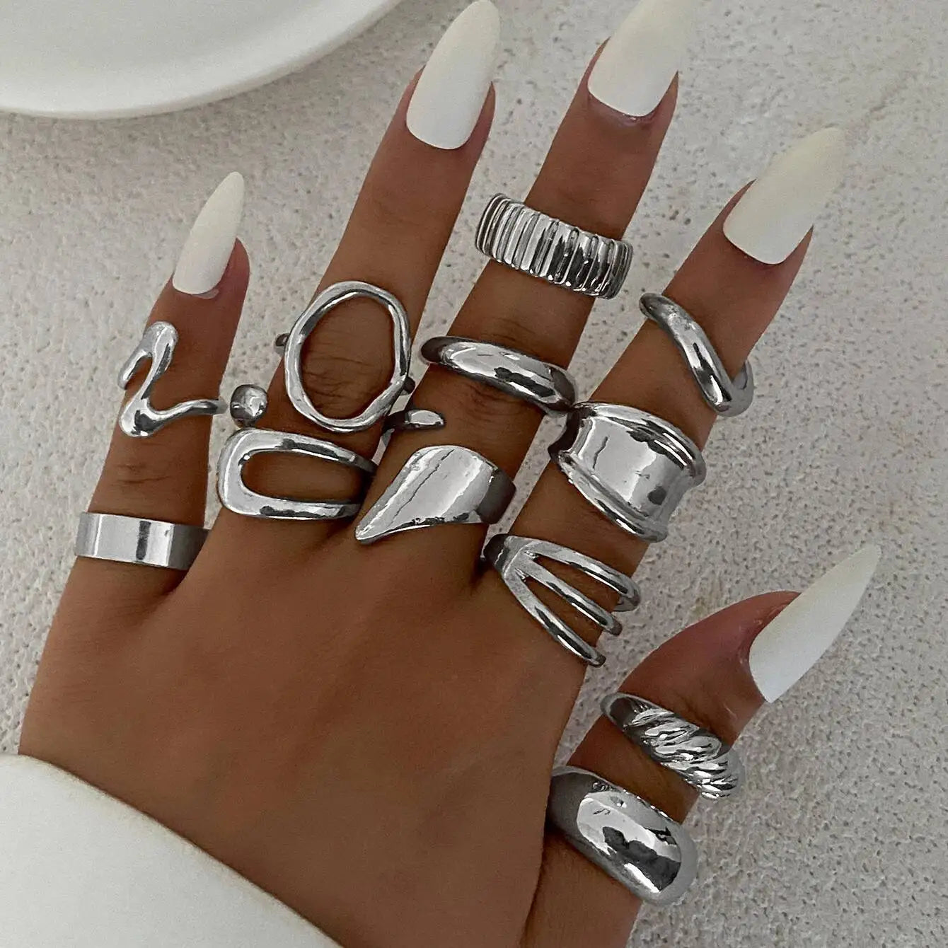 12Pcs/Set Vintage Irregular Geometric Open Adjustable Rings Women New Trend Goth Metal Rings Suitable for Daily Party
