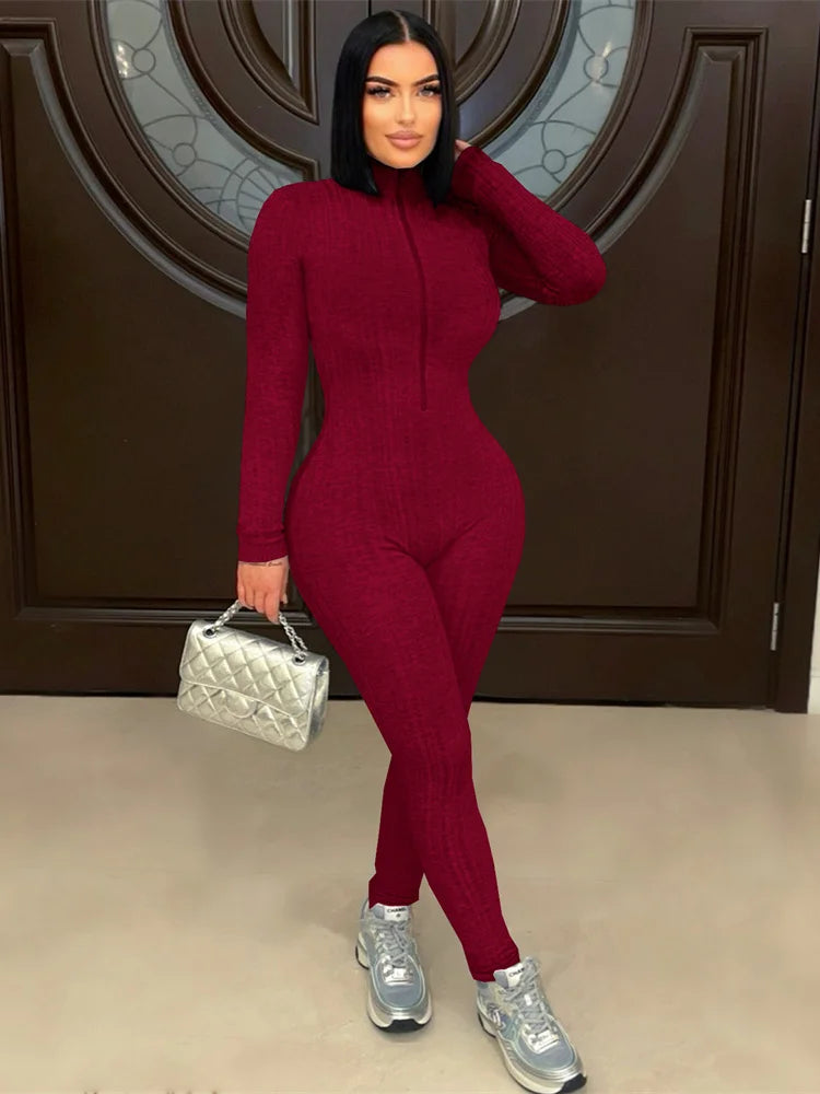 Activity Jumpsuits Women Turtleneck Zip Long Sleeve Stretch Skinny Streetwear Classic Fitness Workout Sporty Overalls