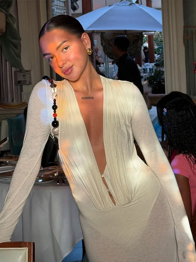 Sexy See Through Maxi Dress Women Deep V-Neck Full Sleeve Summer Vacation Fashion Beach Party Ruched Elegant Vestidos