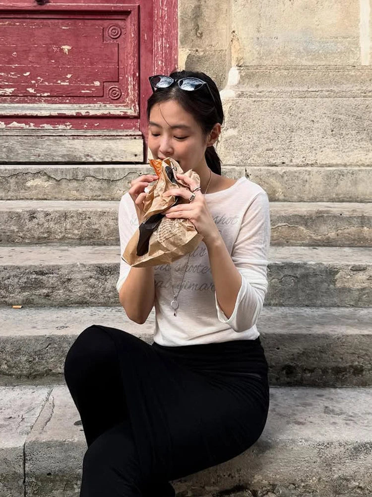 Simple T-Shirts Women Basic See Through Letter Print Long Sleeve Neck Skinny Autumn Trend Street Classic Casual Tees