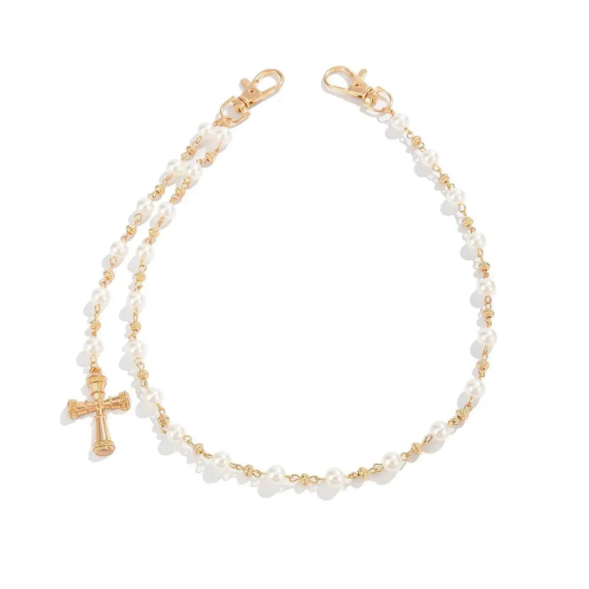 Creative Cross Pendant Imitation Pearl Keychain Wallet Belt Chain for Men Women Trousers Hipster Jeans Chain Jewelry