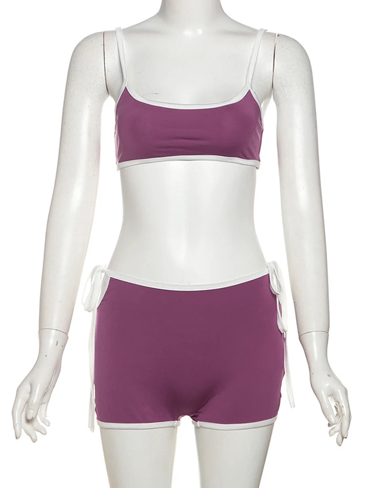 Casual Women 2 Piece Set Tracksuit White Edging Camisole+Side Bandage Shorts Matching Stretch Sporty Streetwear Suits