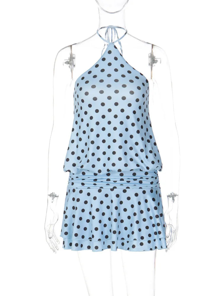 Polka Dot Backless Sexy Mini Dress Women Elegant Blue Halter Off-shoulder Sleeveless Ruched Club Party Dress Female