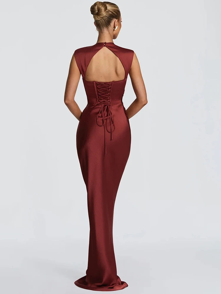 Satin Cowl Neck Mermaid Maxi Dress Women Elegant Sleeveless Draped Ruched Bodycon Long Evening Party Gown Vestidos