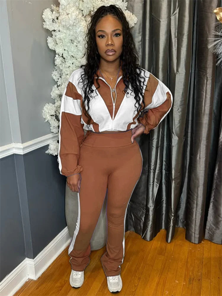 Contrast Patchwork Tracksuit 2 Piece Set Women Zipper Cardigan Jacket+Skinny Pants Casual Fashion Simple Sporty Suit