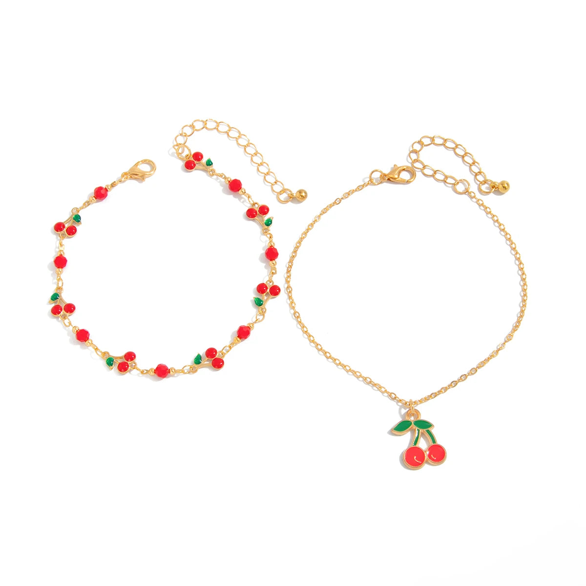 2Pcs/Set Boho Exquisite Red Cherry Pendant Anklet for Women Summer Beach Simple Metal Chain Ankle Barefoot Foot Jewelry