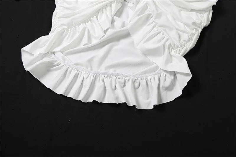 Sexy Deep V Neck Ruched Long Sleeve Dresses Elegant Clothes Woman Fall White Short Party Dress