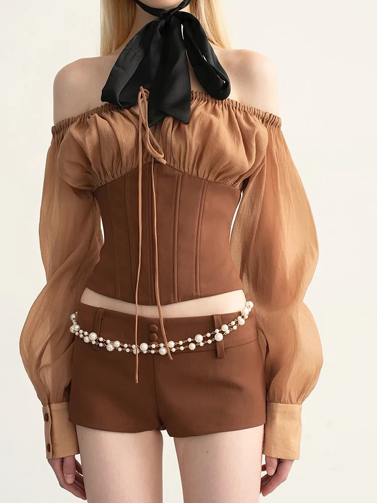 Elastic Slash Neck T-Shirt Women Sexy Patchwork Bandages Hollow Button Full Sleeve Chic Street Club Skinny Crop Tops