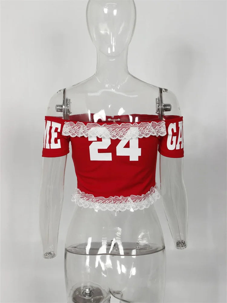 Patchwork Lace crop top Women Bandage Y2K Number Print Slash Neck Skinny Summer Sexy Backless Hollow Shirring Tees