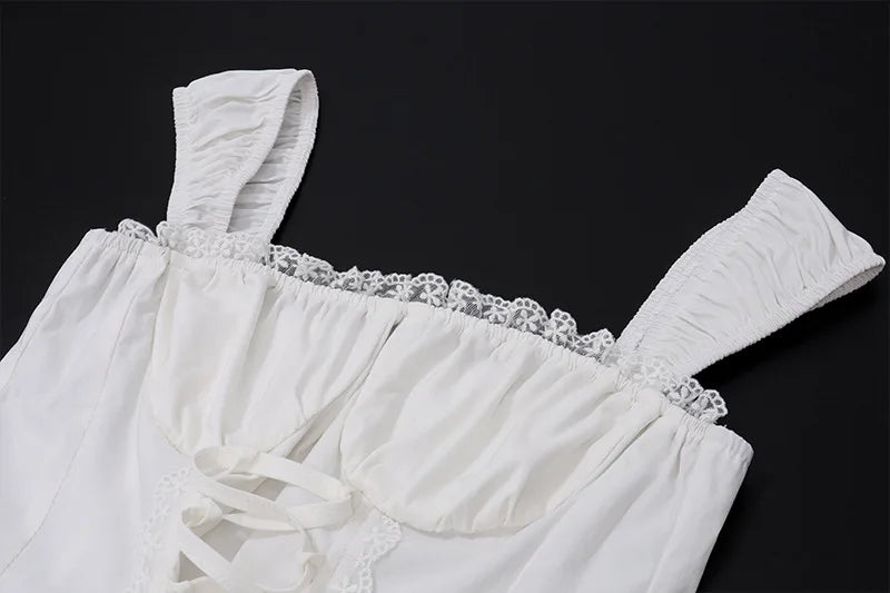 White 2 Piece Sets Lace Trim Square Neck Crop Top Ruched Panelled Maxi Skirt Vacation Outfits for Women