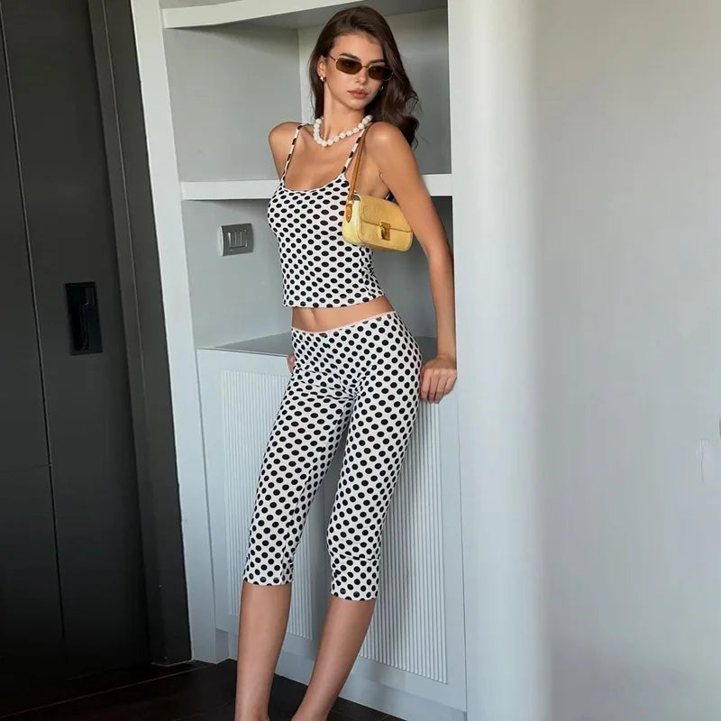 Y2K Women Polka Dot Two Piece Set Spaghetti Cami Crop Top and Slim Capri Pants Streetwear Outfit Casual Daily Vacation
