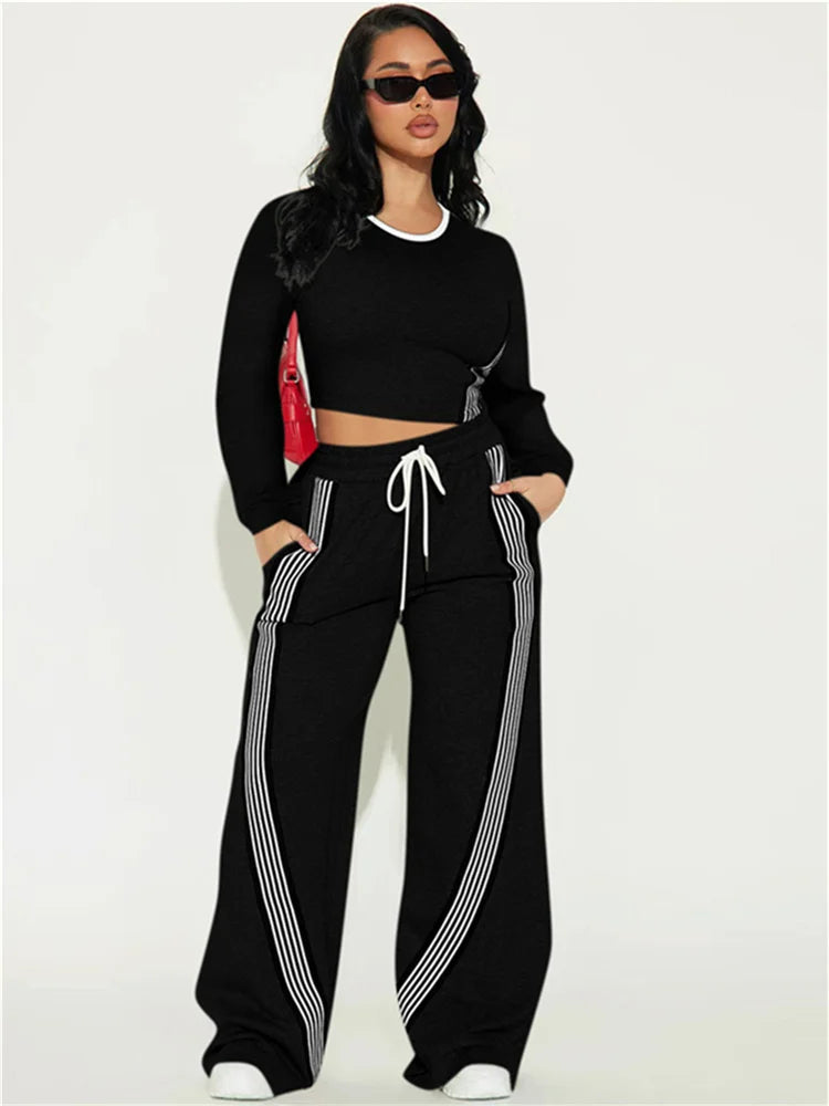 Contrast Stripe Design 2 Piece Set Women o-Neck Full Sleeve Crop Tops+Drawstring Long Pants Casual Sporty Style Suits