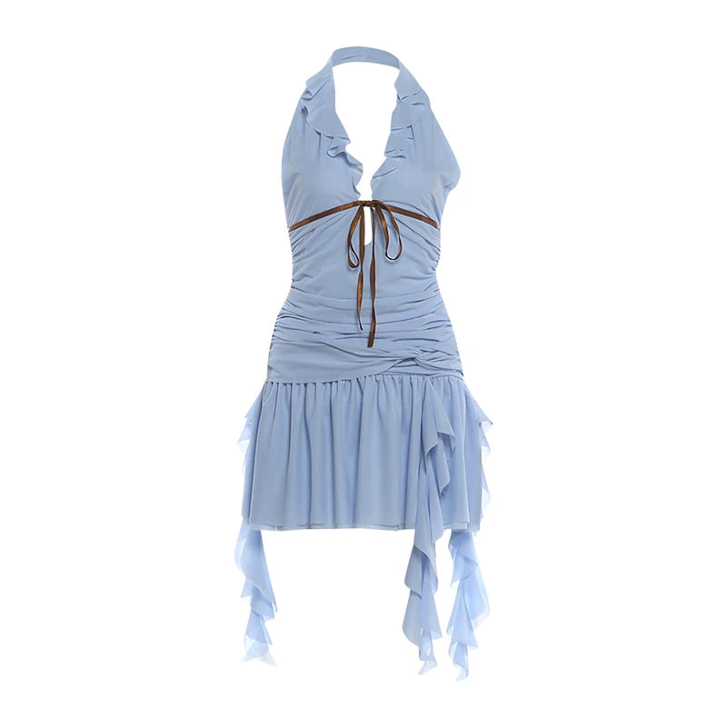 Ruffles Tassel Dress Women Bandge Bow Halter v-Neck Backless Sleeveless Folds Skinny Fashion Summer Party Bodycon