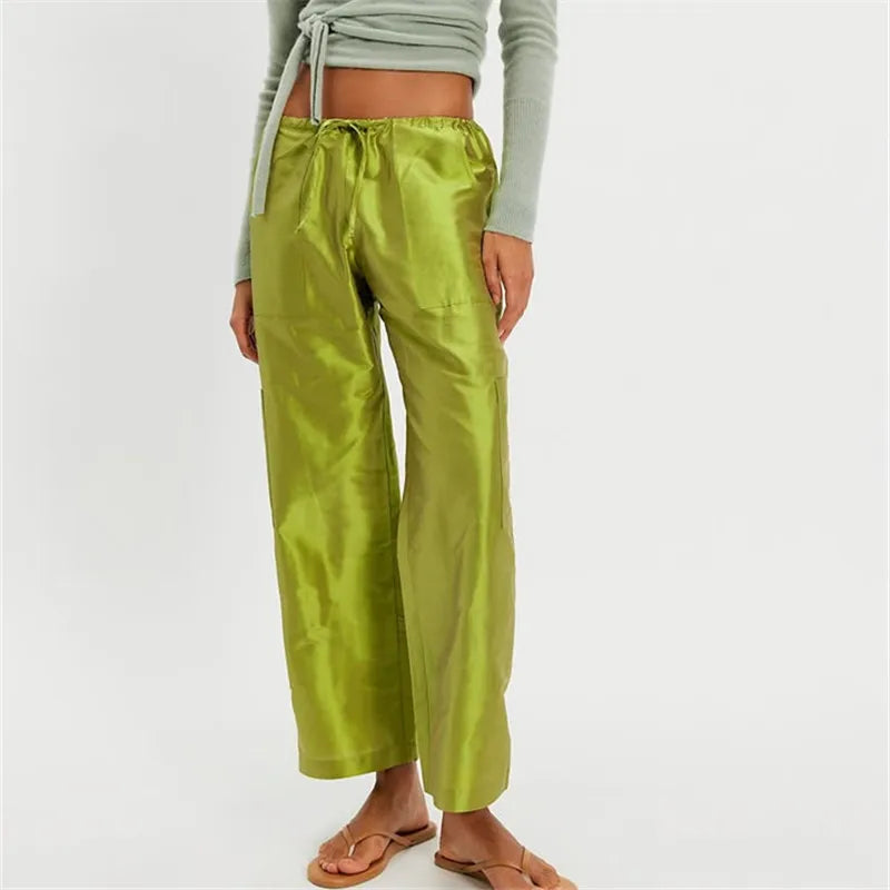 Women Glossy Satin Cargo Pants Drawstring Elastic Waist Loose Straight Leg with Pockets Y2K Casual Ankle Length Trousers