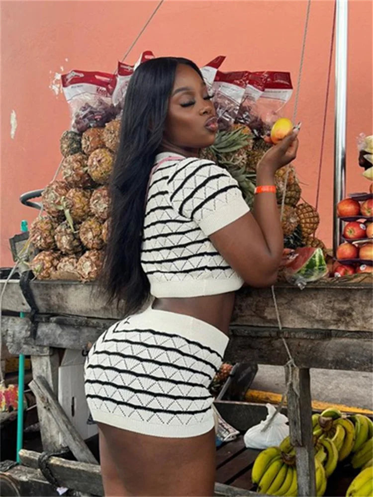 Contrast Knit 2 Piece Sets Woman Summer Sexy Short Sleeve O-Neck Crop Tops+Skinny Shorts Comfortable Matching Outfits