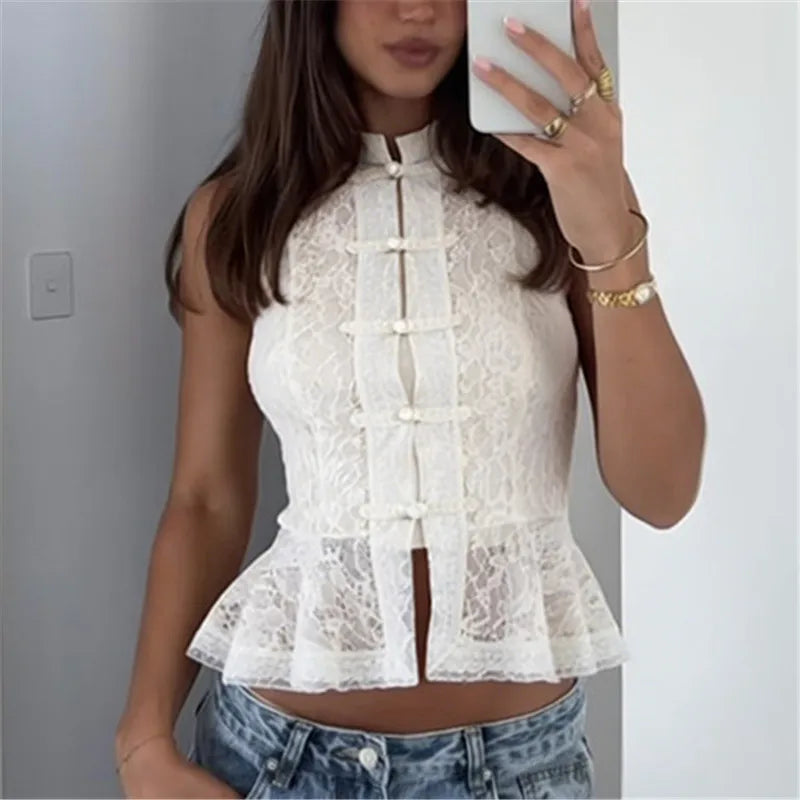 Sexy Semi Sheer Lace Sleeveless Top with Mandarin Collar and Frog Buttons Peplum Hem for Y2K Going Out Streetwear
