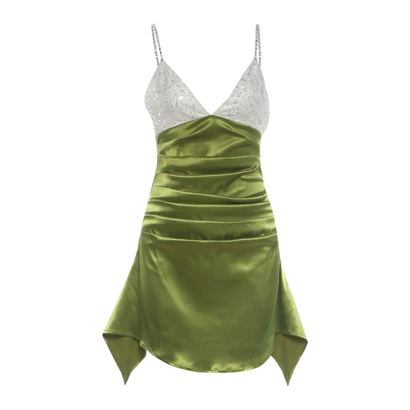 Patchwork Satin Dress Women Folds Sequin Chain V-Neck Irregular Hem Zipper Backless Fashion Sweet Chic Mini Bodycon