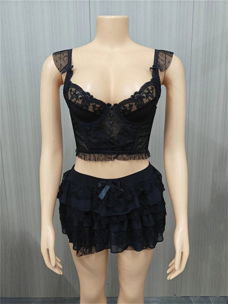 Mesh Patchwork 2 Piece Set Women Low-Neck Sexy Backless Crop Tops+Ruched Tierred Skirts Midnight Club Party Outfits