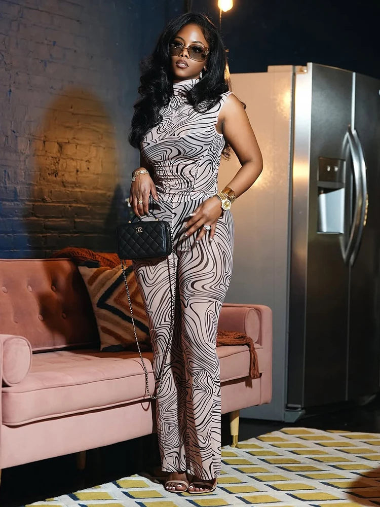 See Through Women 2 Piece Set Black Stripes Tank Tops+Flare Pants Stretch Clubwear Skinny Coquette Matching Outfits