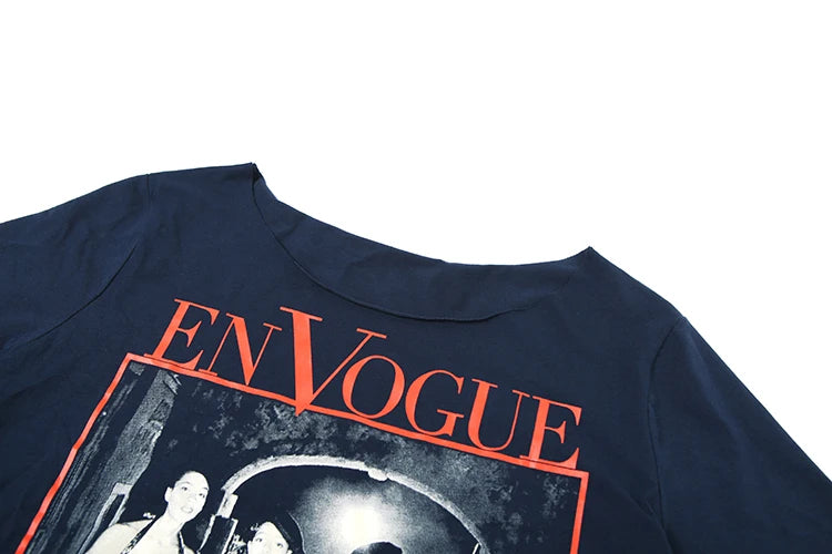 Photo Print Long T-Shirt Women Vintage Wide Collar Hip-Hop Style High Street Hottie Summer Trend Sporty Daily Tops