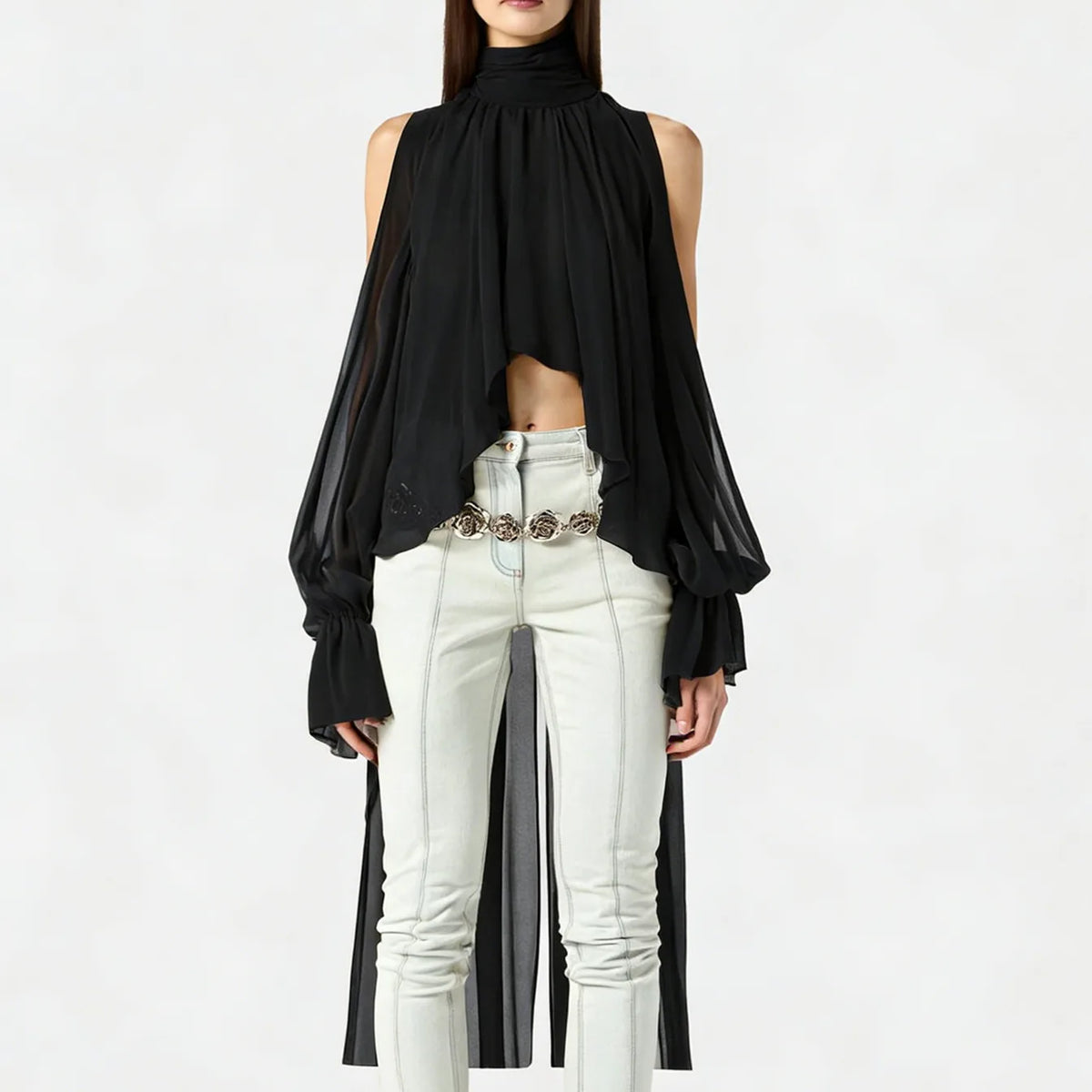 Chic Halter Neck Chiffon Blouse for Women Tie Back Asymmetrical Hem Flare Sleeve Sheer Mesh Top Casual Summer Party Club