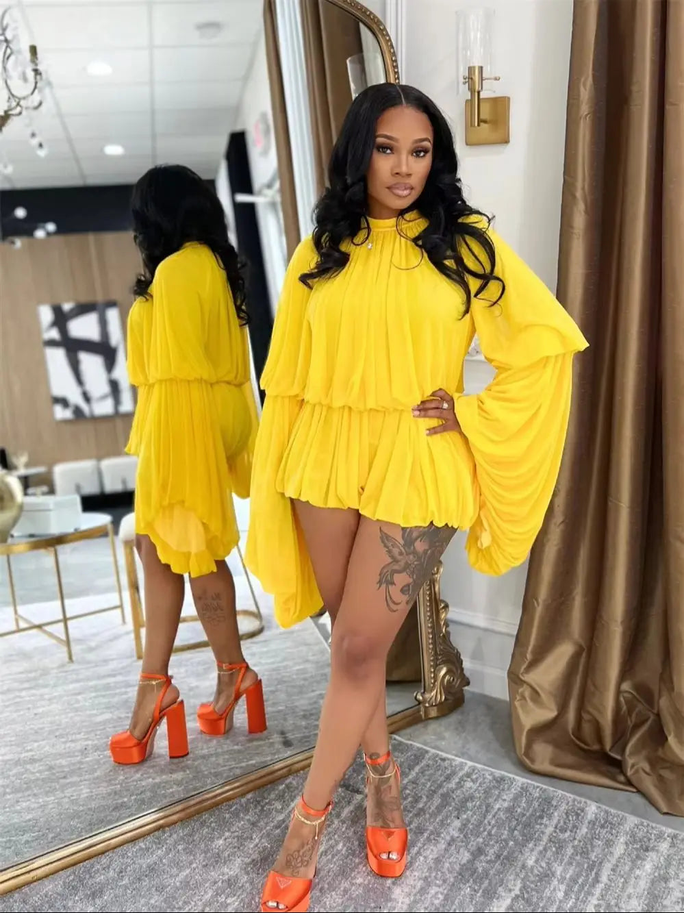 Lantern Sleeve 2 Piece Set Women Sexy Solid O-Neck Ruffled Hem Tops+Shorts Matching Birthday Party Vacation Outfits