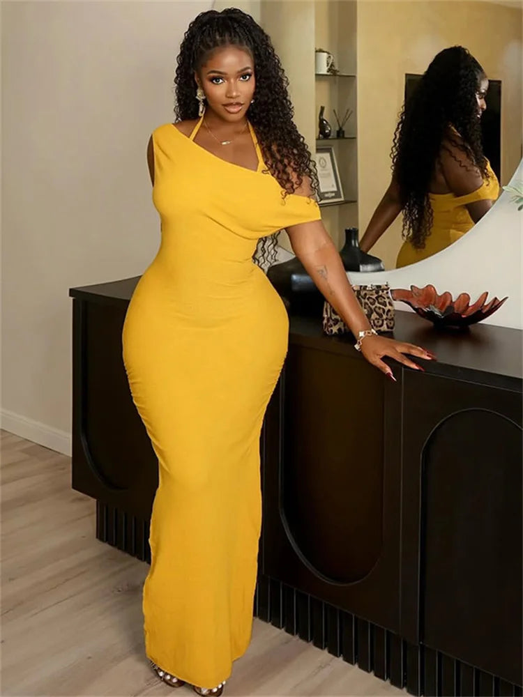 Ruched Elegant Maxi Dress Women Lace-Up Halter Skew Collar Backless Sleeveless Gown Midnight Prom Party Long Bodycon