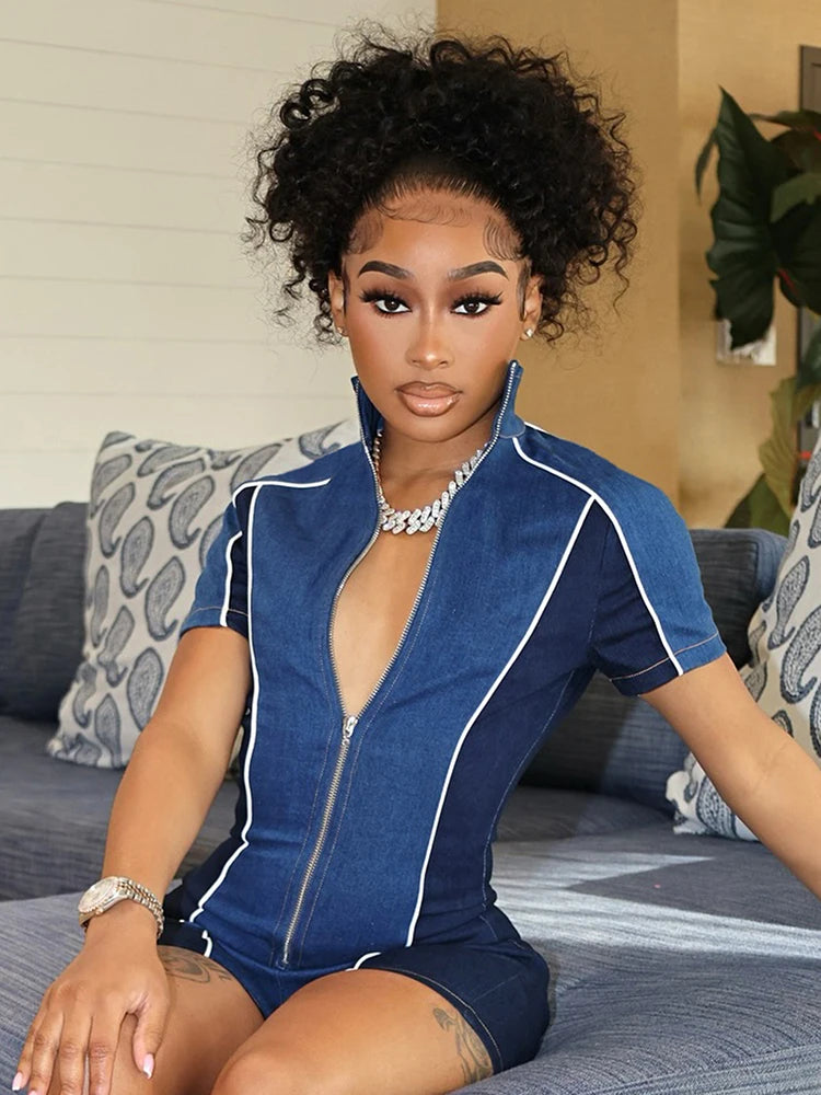 Zip Playsuits Women Skinny Stretch Patchwork Sporty Summer Trend Street Simple Classic Daily Sexy Midnight Rompers