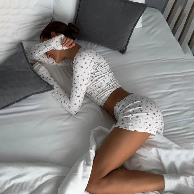 2 Piece Set Floral Print Lace Trim Ribbed Long Sleeve Crop Top and Shorts Lounge Wear Pink Coquette Outfits