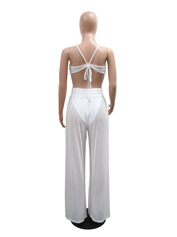 Sexy See Through Jumpsuit Women Strap Low Chest Backless Waistless Lace-Up Simple Solid Skinny Sexy Clubwear Overalls