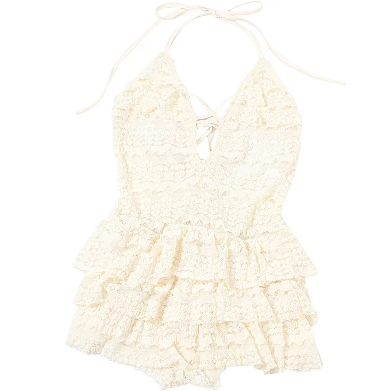 See Through Ruffled Lace Romper Sexy Rave Outfit Tie Up Halter Backless Jumpsuit Trendy Women Clothes 2024