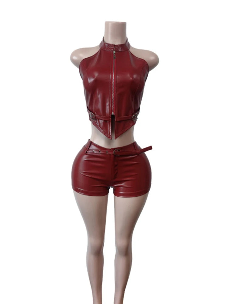 Belt PU Leather 2 Piece Set Women Sexy Zip Halter Tank Top+Shorts Hipster Skinny Midnight Luxury Clubwear Outfits