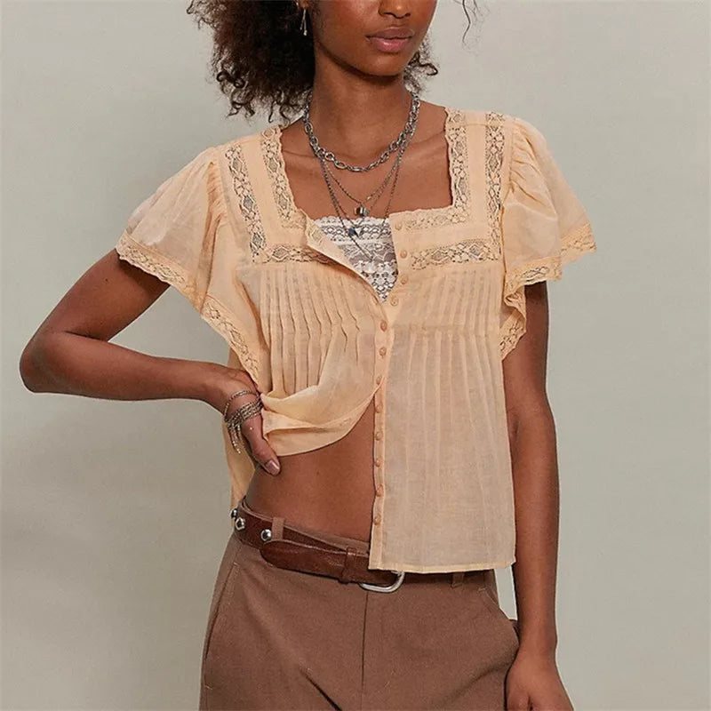 Women Boho Square Neck Lace Blouse Puff Short Sleeve Button Front Pleated Loose Cropped Shirt Vintage Cottage Summer Top