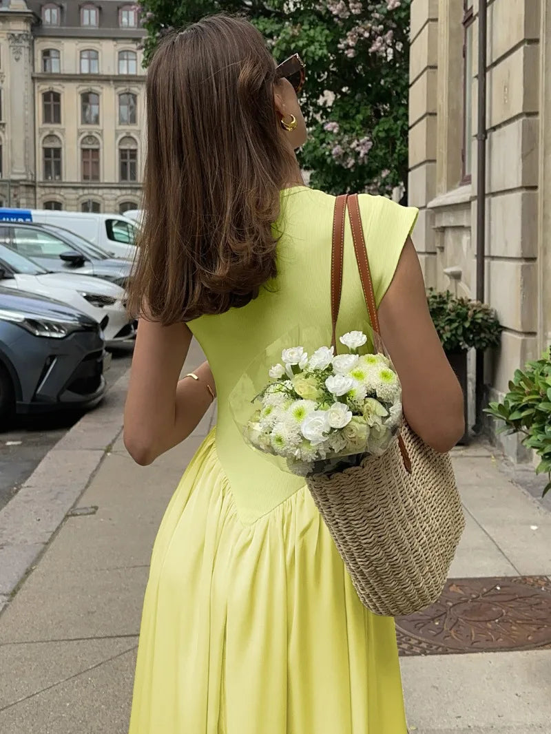Elegant Fashion Sleeveless Long Dresses for Summer Casual Loose Yellow Dress French Style Woman Clothes