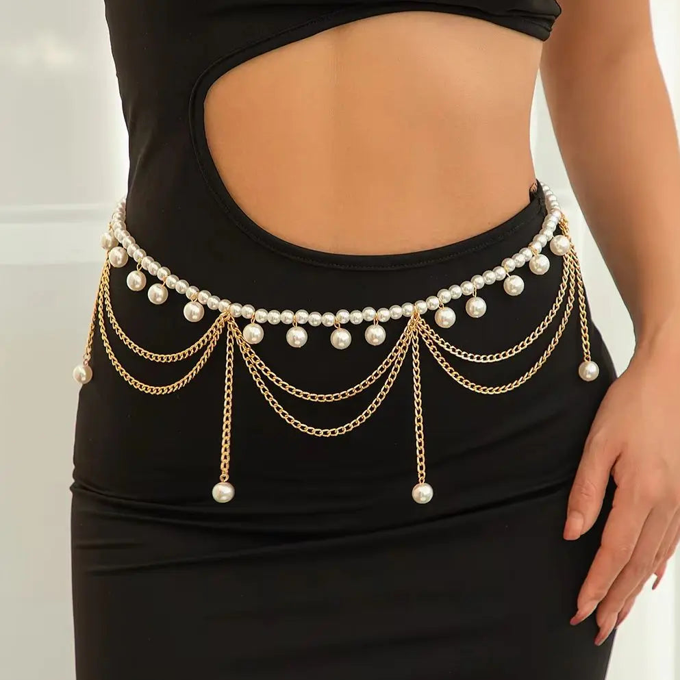 Vintage Multiayer Imitation Pearl Waist Chain for Women Boho Tassel Belly Belt Sexy Body Jewelry Dress Accessories Gift