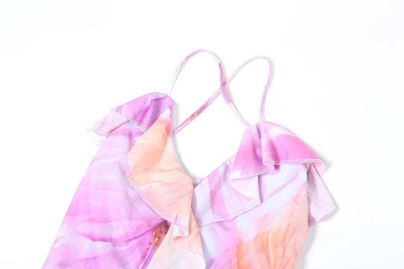 Floral Print Ruffle Backless Split Long Dress Summer Resort Wear Sexy Elegant Dresses for Women Wedding Party