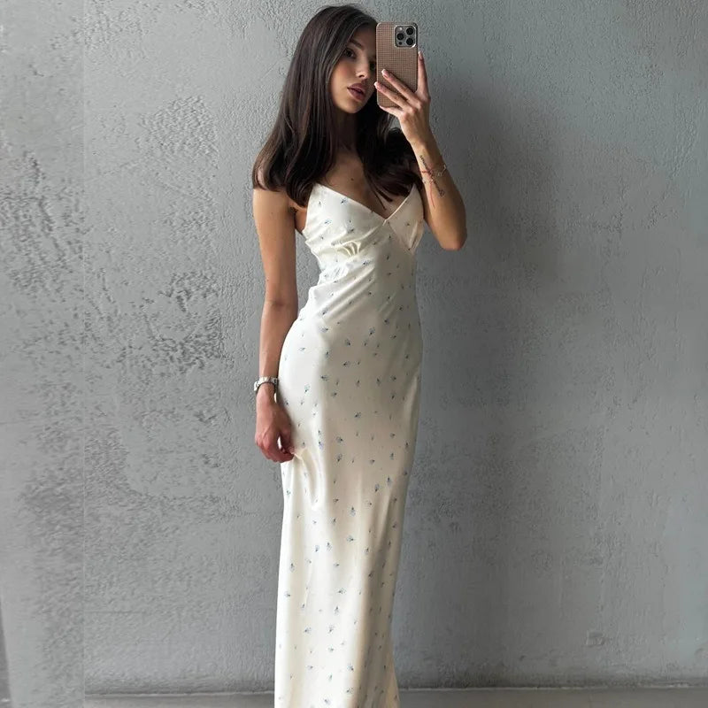 Spaghetti Strap V Neck Backless Split Long Dresses Elegant Satin Floral Dresses for Woman for Party