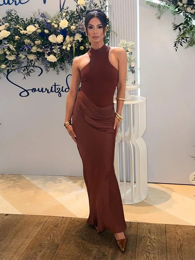 Satin Patchwork Hollow Long Dresses Elegant Woman Clothes Sleeveless Fishtail Maxi Dress
