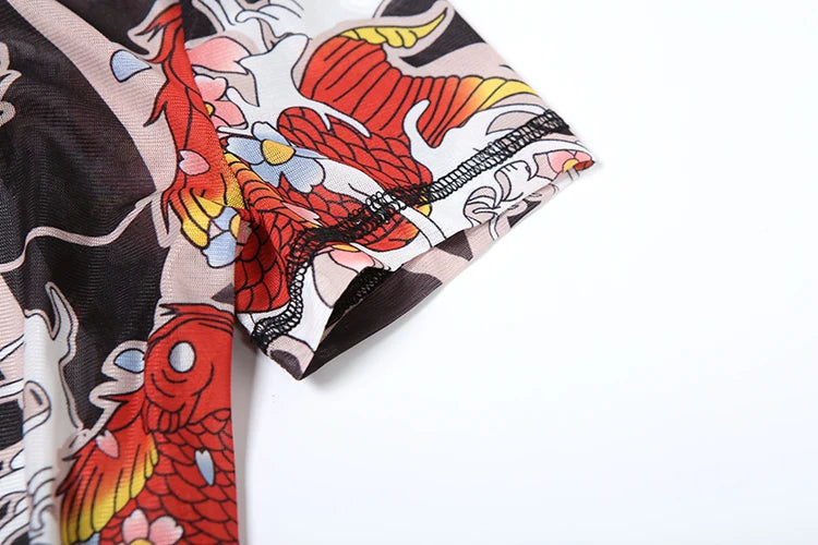 Backless Playsuit Women See Through Shorts Sleeve Peach Buttocks Summer Trend Aesthetic Print Midnight Club Romper