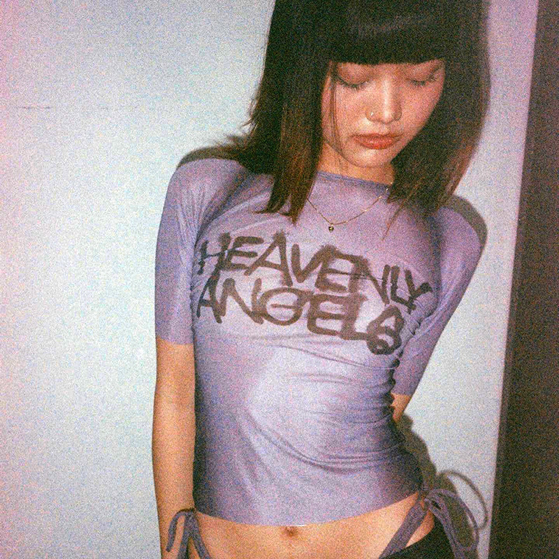 Y2k Fashion Tops Letter Print Mesh Transparent Graphic Tees Short Sleeve Unique Shirts for Women Streetwear