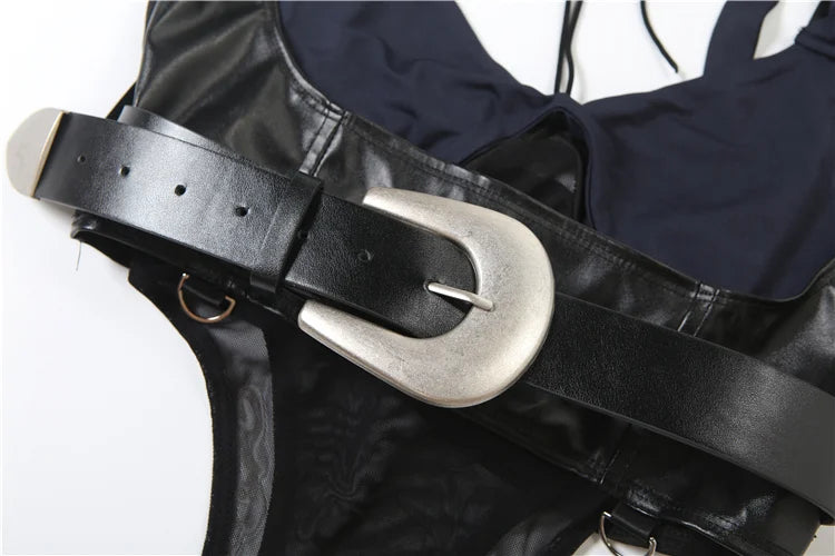 Sexy Fake 2-Pieces Patchwork Bodysuit Women Chest Wrapped Mesh PU Wide Waistband Skinny Music Festival Clubwear Tops