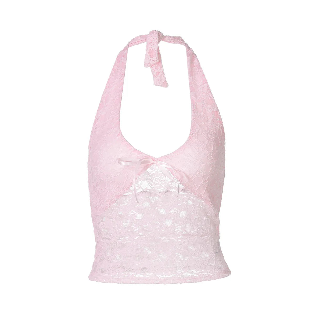 See Through Pink Lace Deep V Halter Backless Crop Top Trending Sexy Tank Tops Women Y2k Fashion Clothes