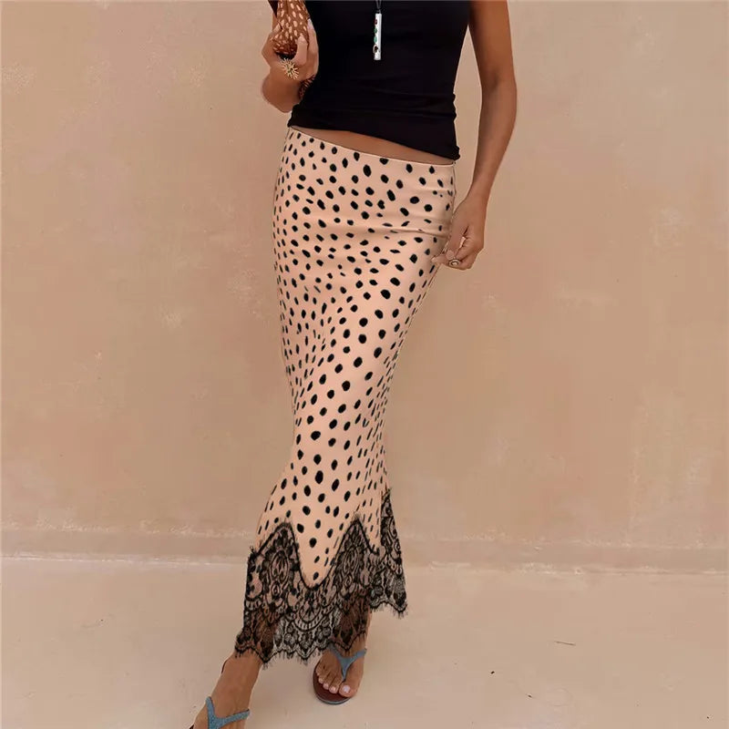 Vintage Floral Print Bodycon Long Skirt Women Polka Dot Lace Spliced Hem High Waist Mermaid Midi Skirt Casual Beachwear
